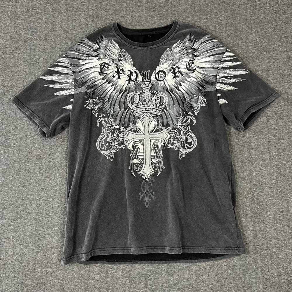 Y2K Grunge Affliction Graphic Shirt Men XL Charcoal Gray Gothic Streetwear Romwe